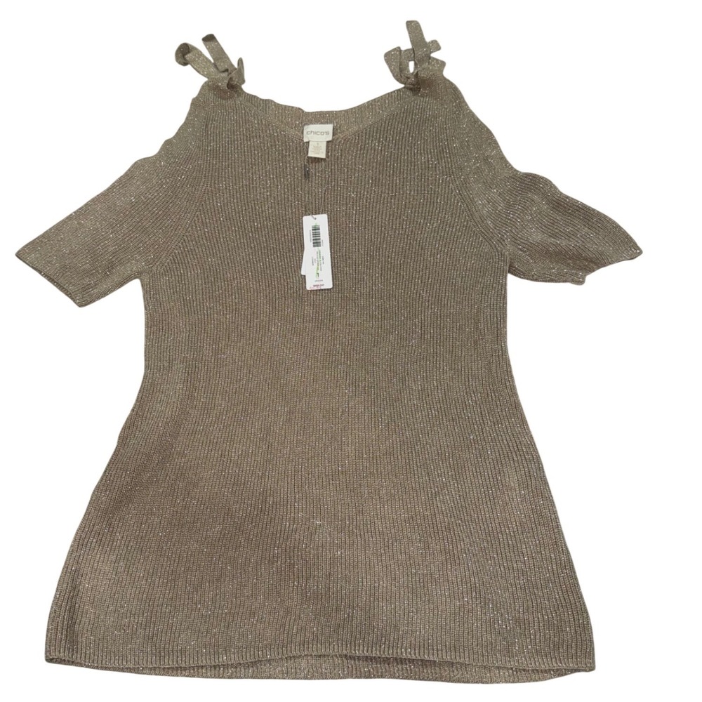 Chicos Shine Mix Shoulder Tie Pullover Sweater Knit Gold Size 1 medium